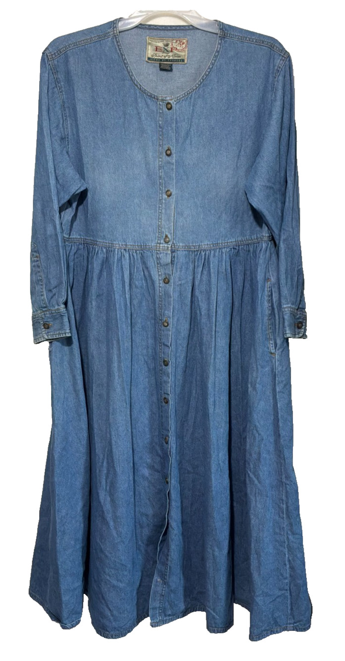 Vtg Women Cottagecore Denim Dress 90s EXP Jeans By Express Boho Large Cotton